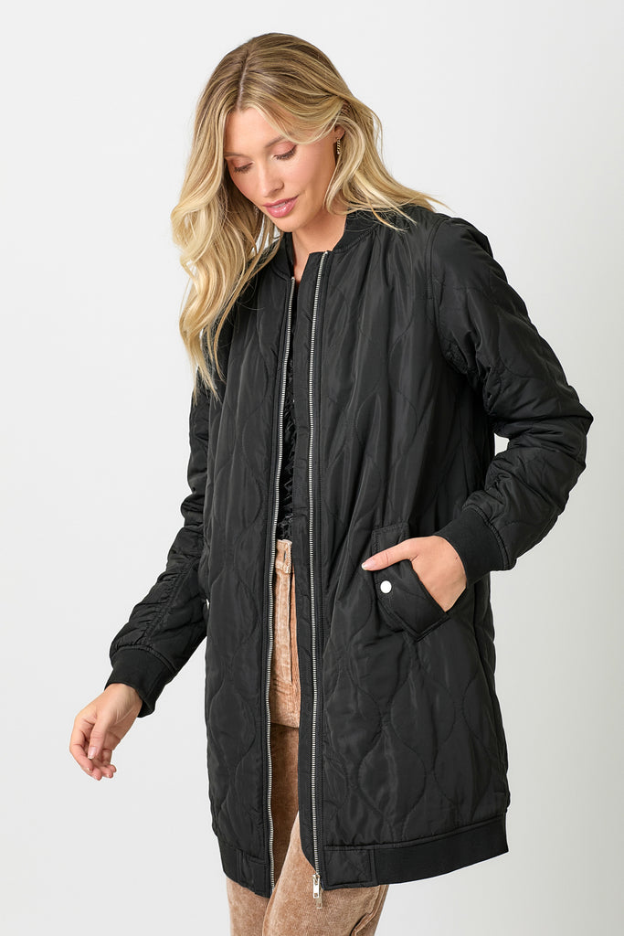 Quilted Long Bomber Jacket Black