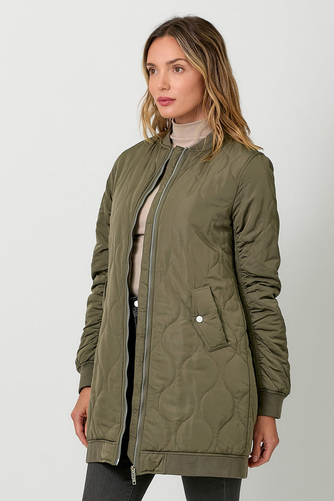 Quilted Long Bomber Jacket Olive