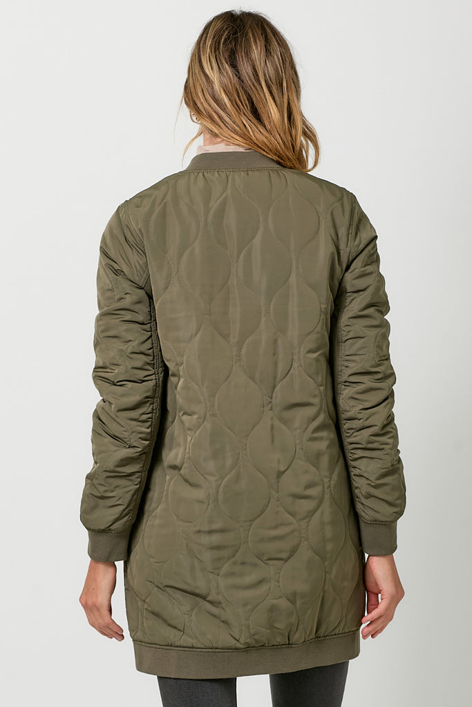 Quilted Long Bomber Jacket Olive