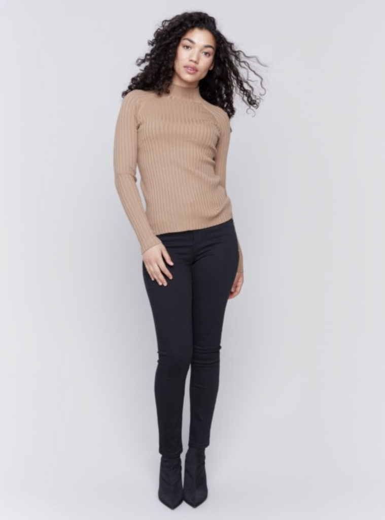 Ribbed Knit Mock Neck Sweater - Truffle