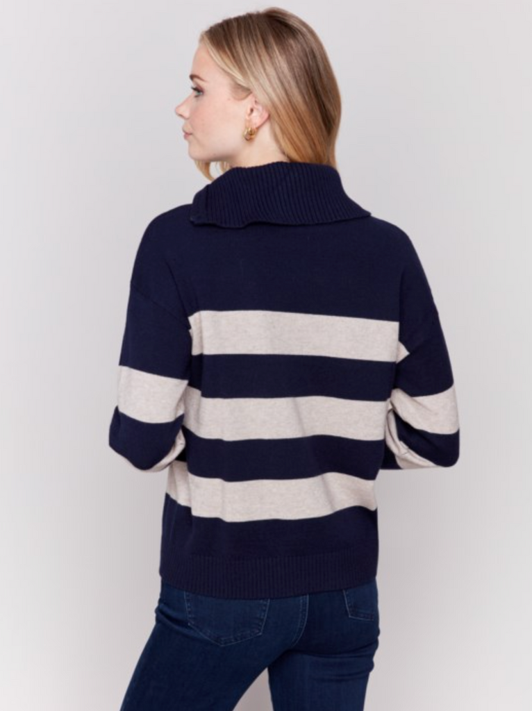 Striped Zipper Turtle Neck