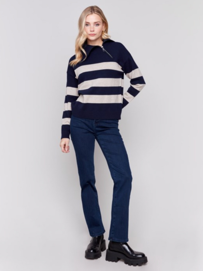 Striped Zipper Turtle Neck