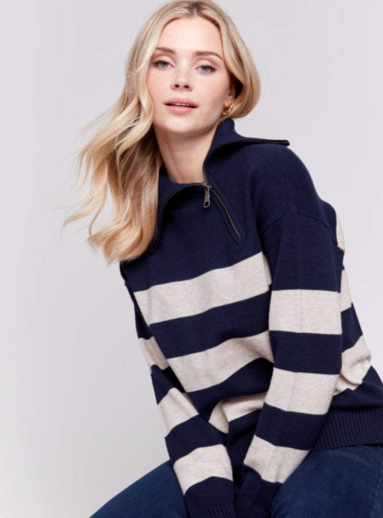 Striped Zipper Turtle Neck