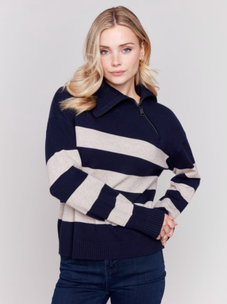 Striped Zipper Turtle Neck